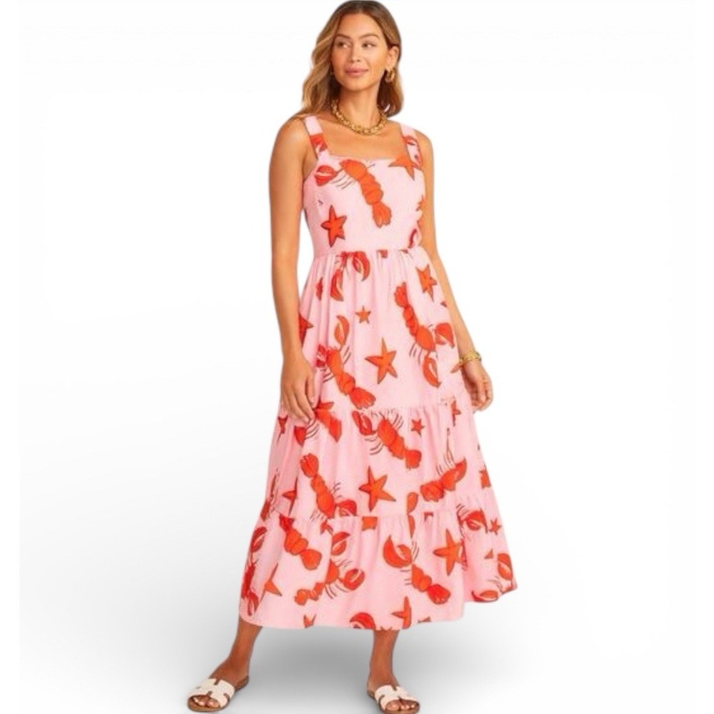 J.Crew Pink Lobster Print Tiered Maxi Dress Size 00 Cotton Smocked Back Pockets